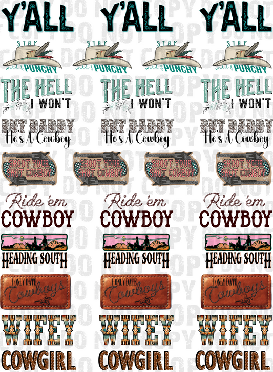 Cowboy Phrases 22x30 Gang Sheet Hat Sized
